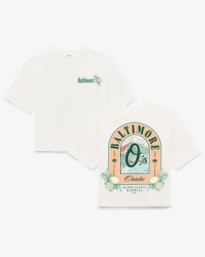 BALTIMORE ORIOLES VACAY SCENES BACKER '47 REED CITY TEE WOMENS
