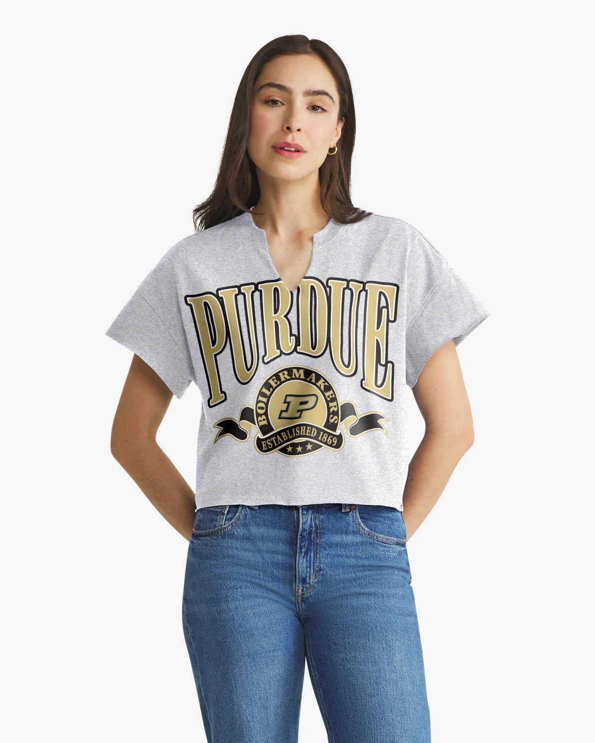 PURDUE BOILERMAKERS BANNERS OUT '47 OVERSIZED NOTCH NECK TEE WOMENS