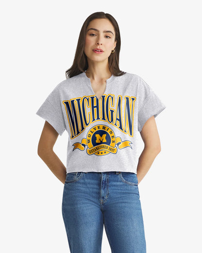 MICHIGAN WOLVERINES BANNERS OUT '47 OVERSIZED NOTCH NECK TEE WOMENS
