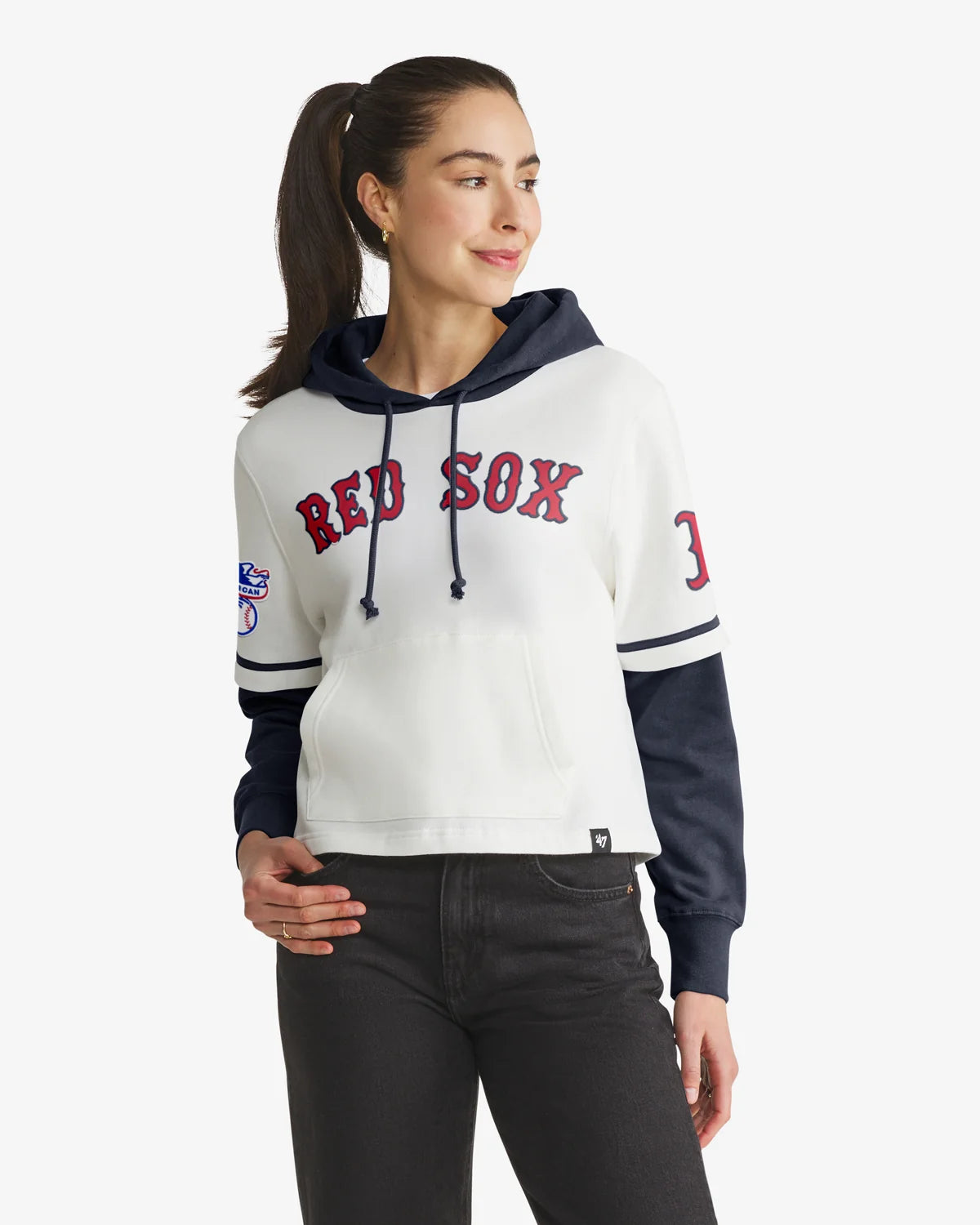 BOSTON RED SOX TRIFECTA CROPPED '47 SHORTSTOP PULLOVER HOOD WOMENS