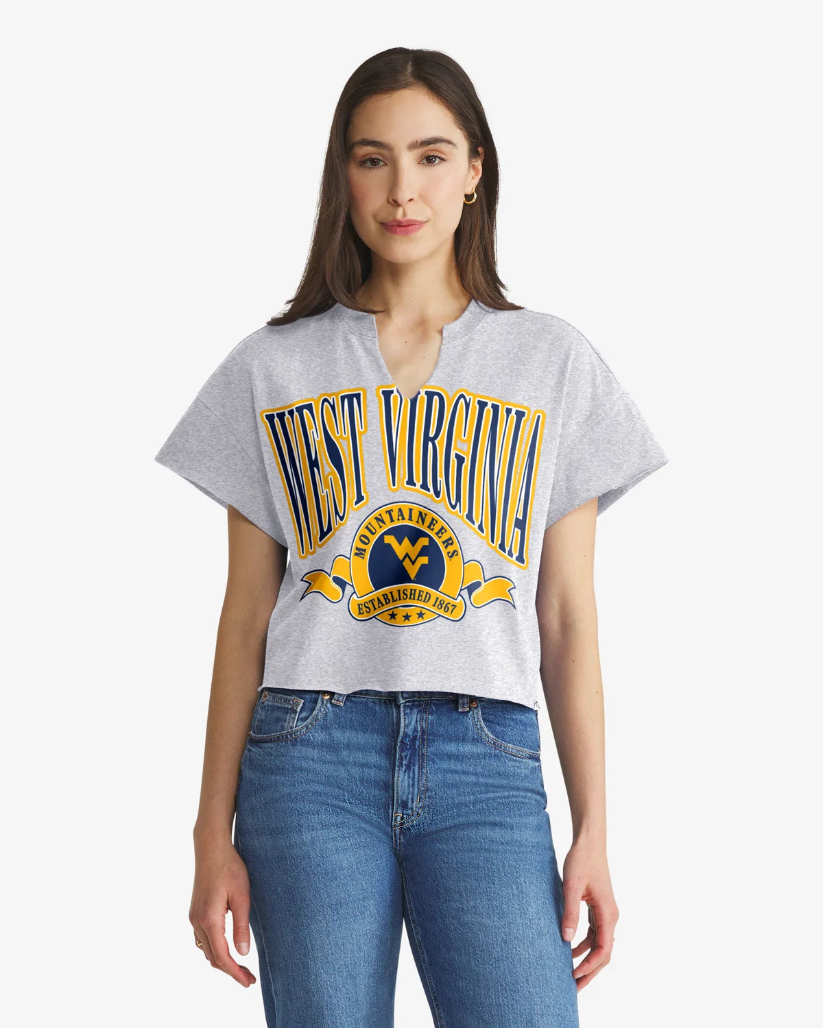 WEST VIRGINIA MOUNTAINEERS BANNERS OUT '47 OVERSIZED NOTCH NECK TEE WOMENS