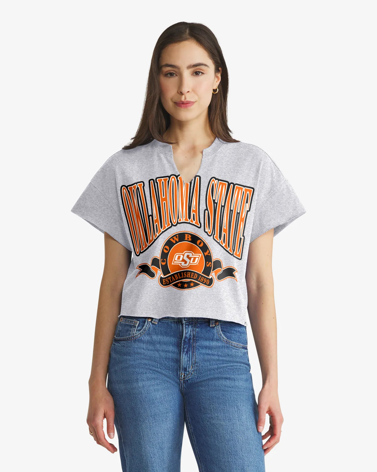 OKLAHOMA STATE COWBOYS BANNERS OUT '47 OVERSIZED NOTCH NECK TEE WOMENS
